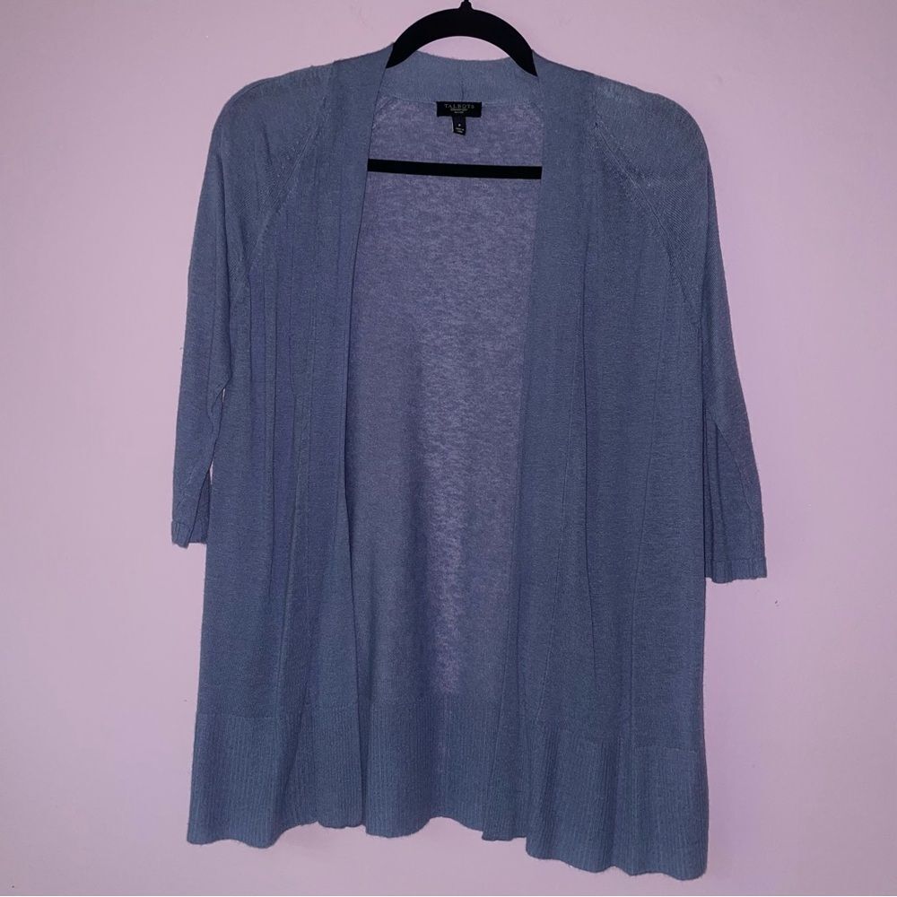 Talbots Size SP Linen Cardigan Blue Half Sleeve Open Front Minimalist Office